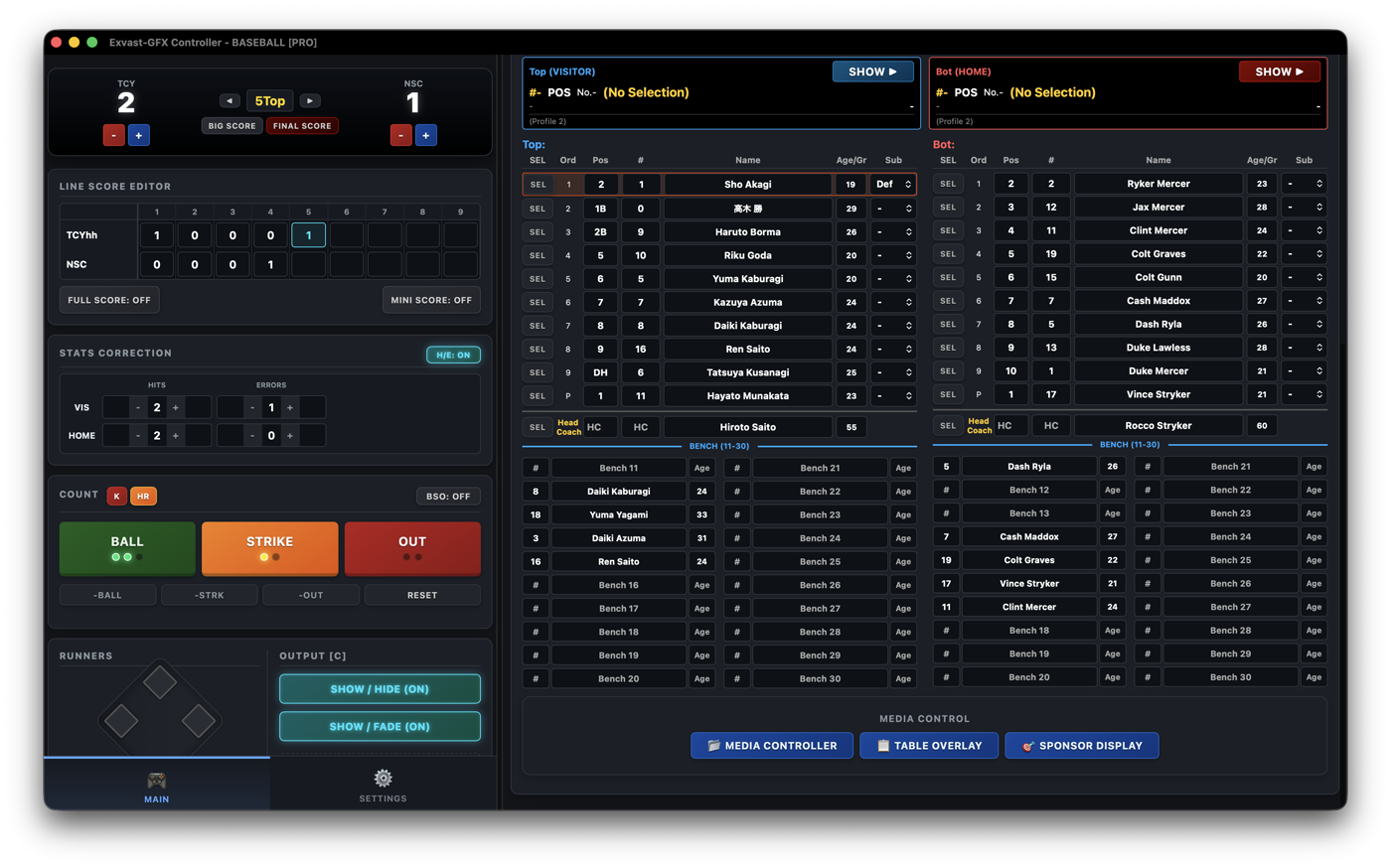 Lineup & Player Card and MEDIA CONTROL