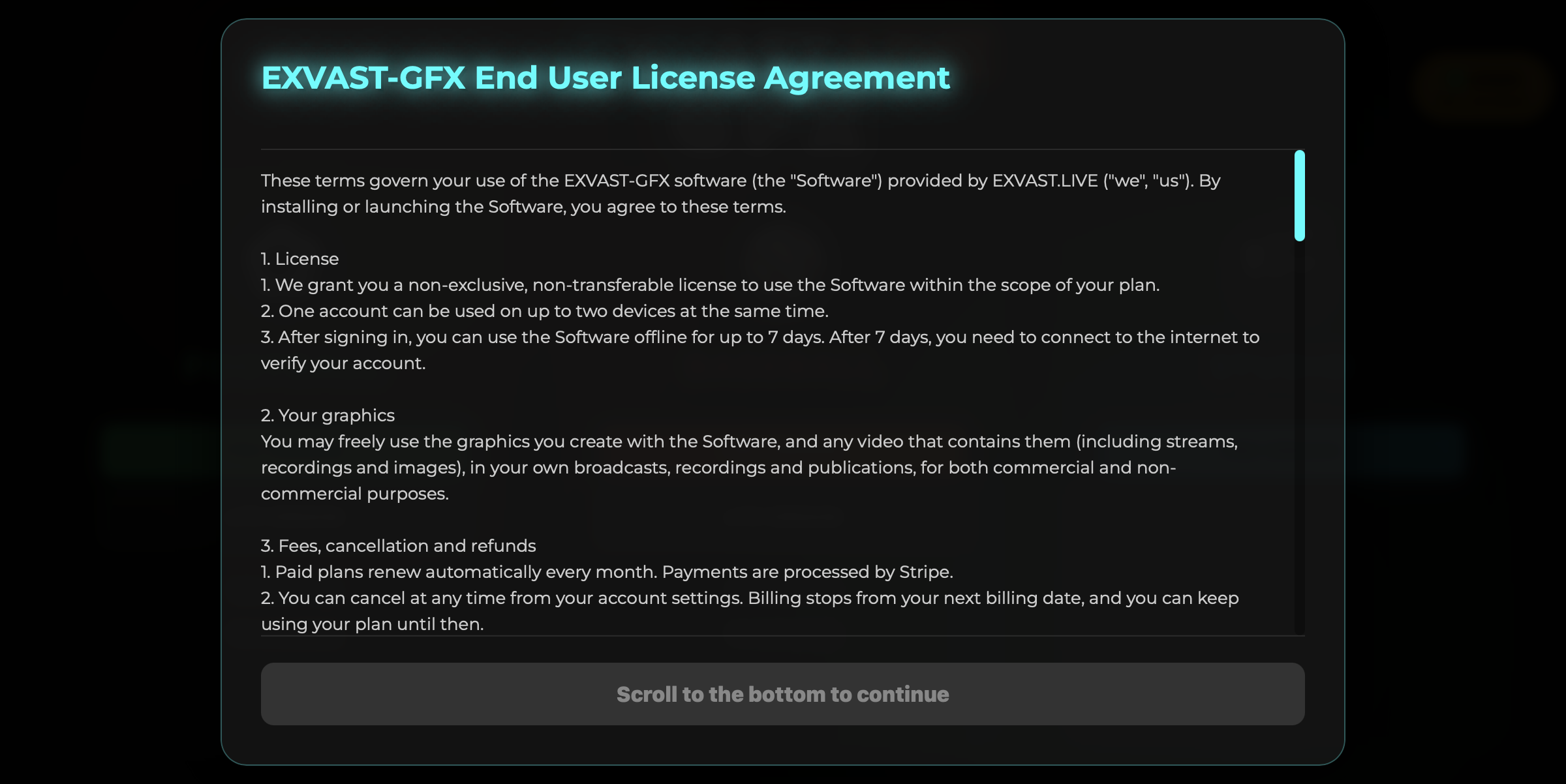 The license agreement (Agree & Continue becomes available once you scroll to the bottom)