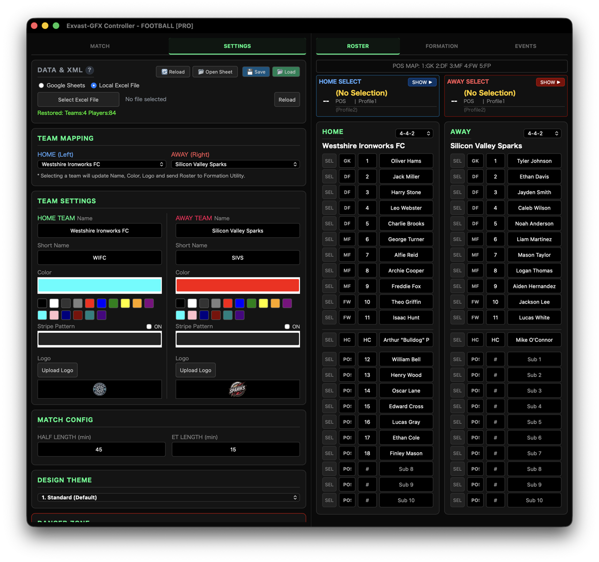 Football SETTINGS tab and the ROSTER tab on the right