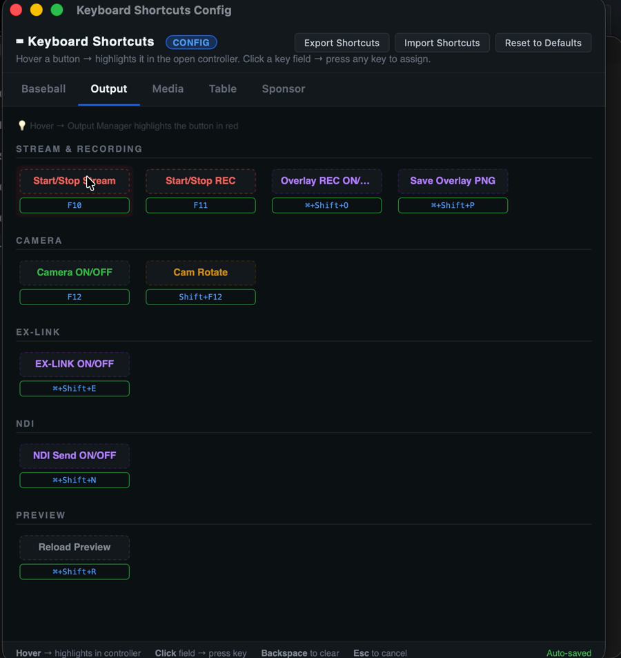 Keyboard Shortcuts (Output tab)