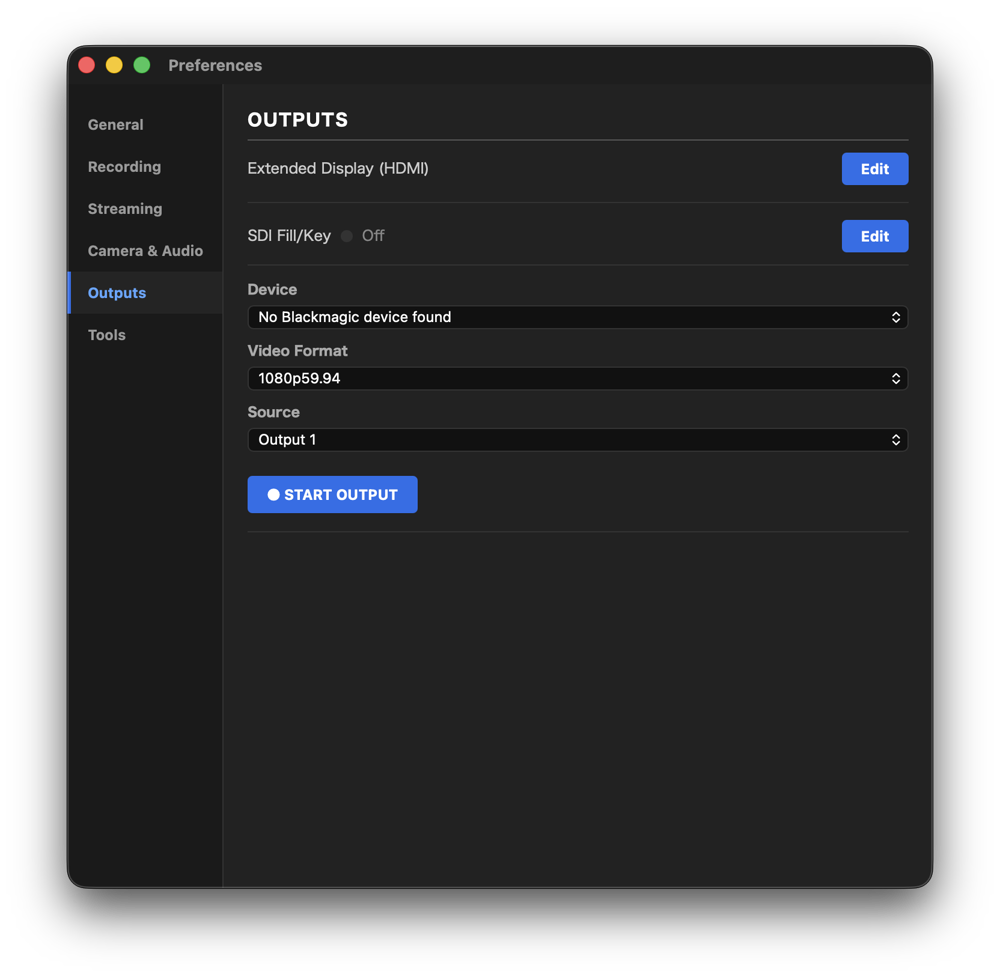 The Outputs tab in Preferences