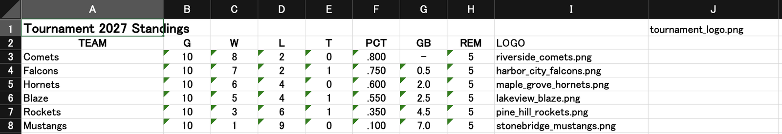 The sample Excel file (standings in columns A–H, logo file names in column I)